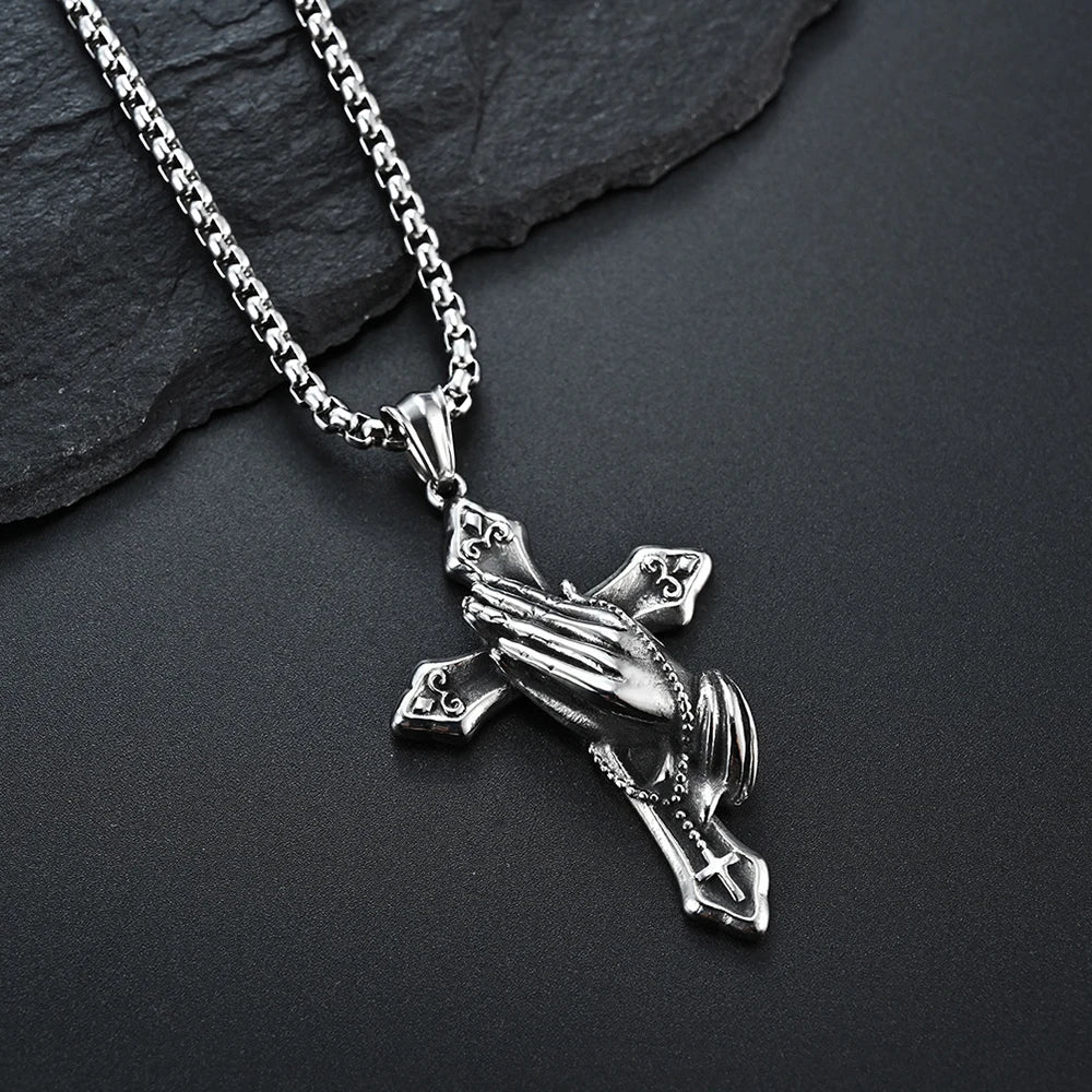 Stainless Steel Cross Praying Hands Pendant Necklace