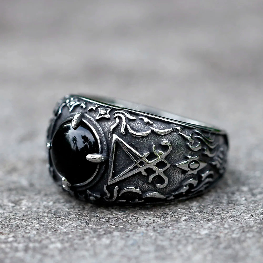2023 New Updated Design Lucifer Satan Signet Ring For Men With Black Stone Stainless Steel Vintage Jewelry Gift free