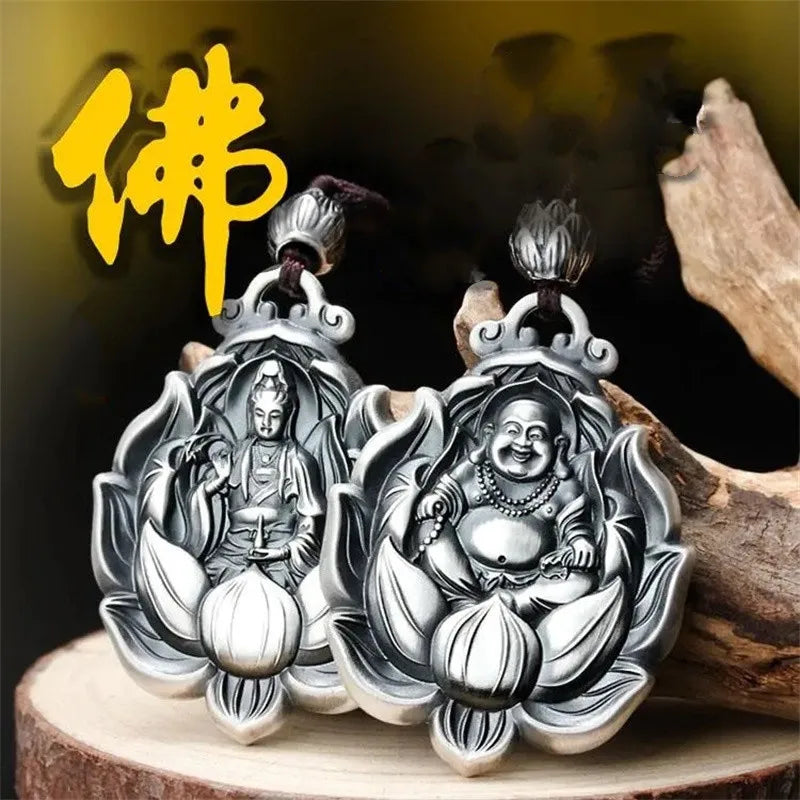 Guanyin Buddha Rope Pendant Necklace — Black
