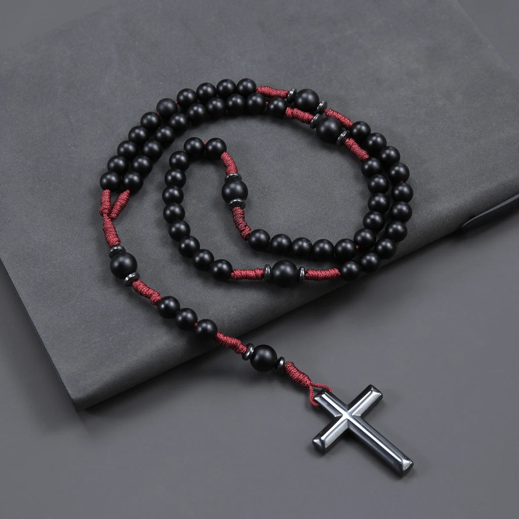 Matte Black Round Beads Red Cord Necklace with Cross Pendant Rosary for Men and Women
