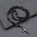 Matte Black Round Beads Red Cord Necklace with Cross Pendant Rosary for Men and Women