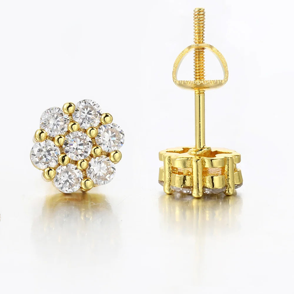 Iced Out Flower Stud Earrings — Gold