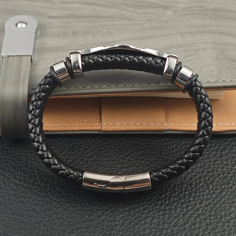 Viking Valknut Leather Braid Bracelet — Stainless Steel