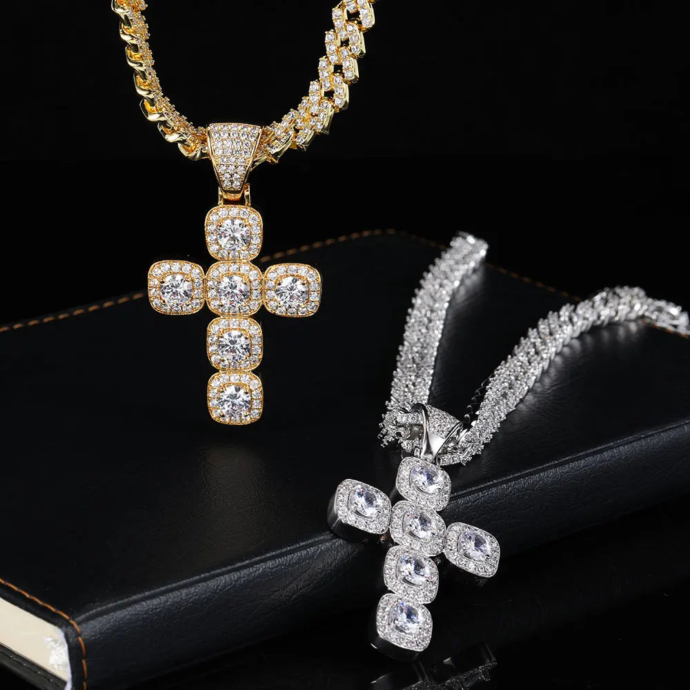 Iced Out Tennis Cross Pendant Necklace