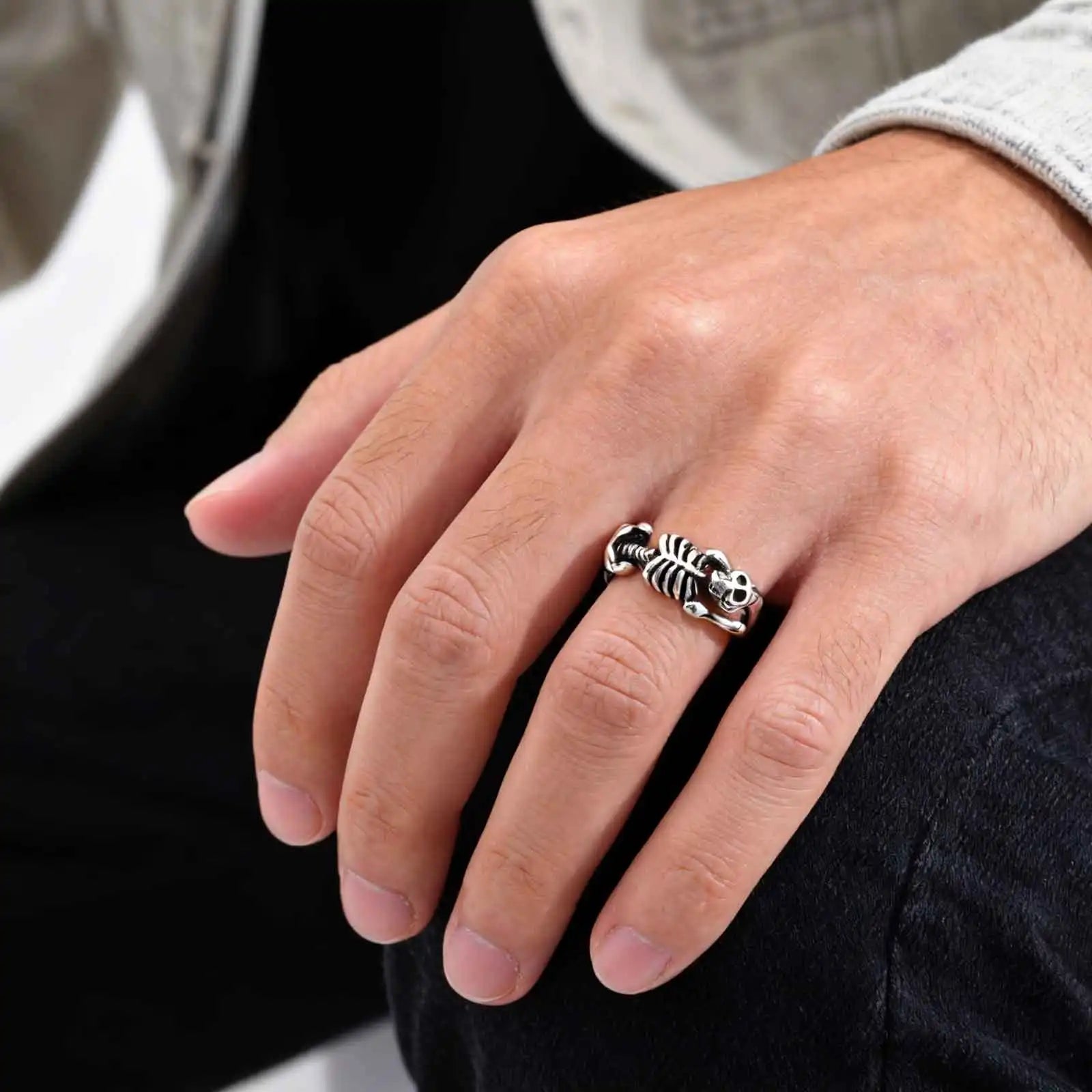 Creative Punk Skeleton Opening Ring for Men, Retro Gothic Skull Metal Rings, Vintage Hip Hop Finger Jewelry Gift for