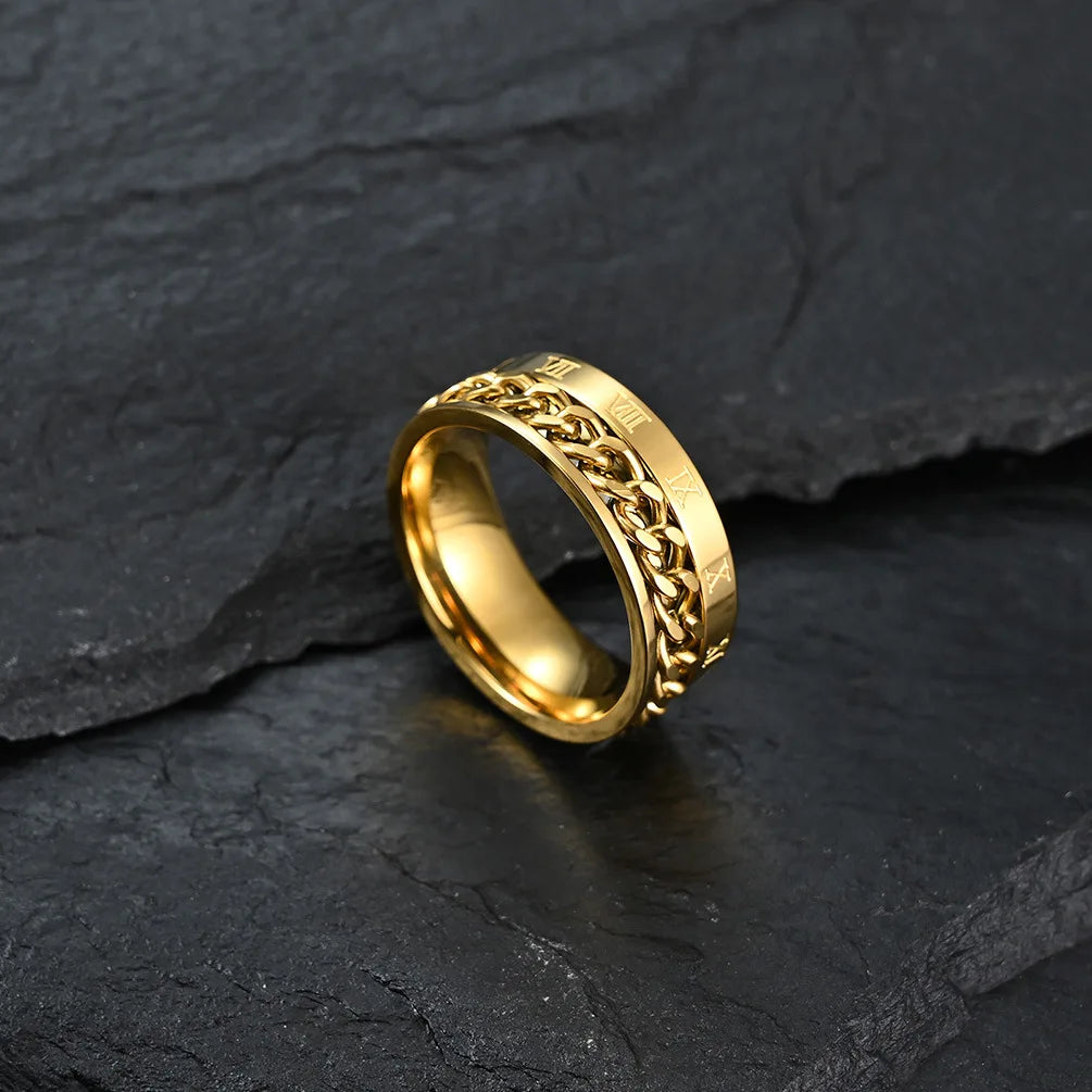 Roman Numerals Stainless Steel Chain Rotating Anxiety Black Rings For Men Fidget Metal Spinner Knuckle Ring Anillos De