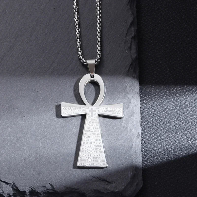 Vintage Christian Jesus Cross Stainless Steel Pendant Little Angel Prayer Necklace Men Women Faith Amulet Jewelry