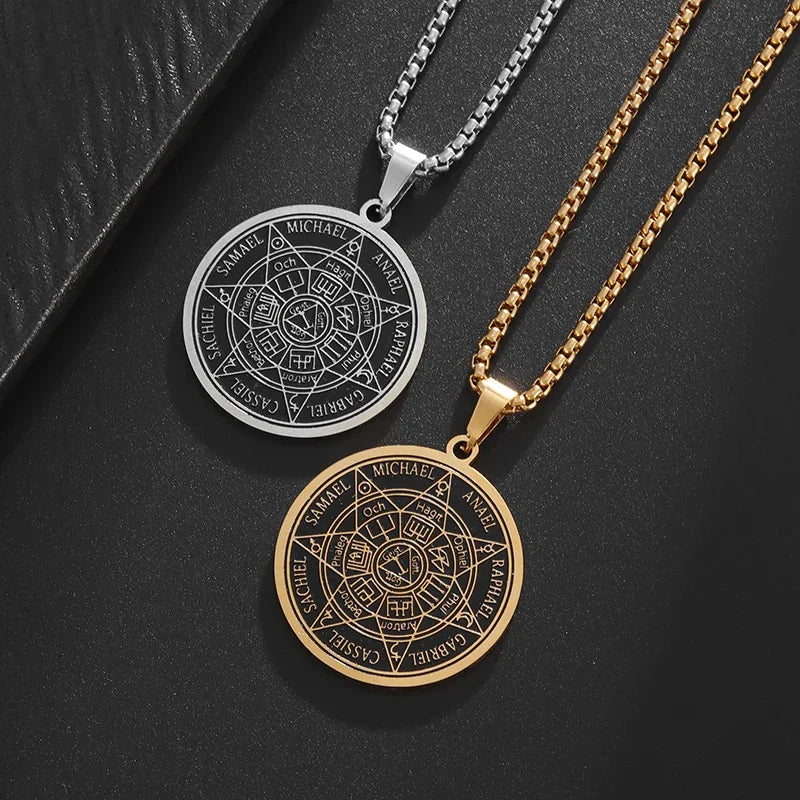 Stainless Steel Solomon Religious Seven Archangels Compass Pendant Necklace Men's Retro Lucky Amulet Jewelry