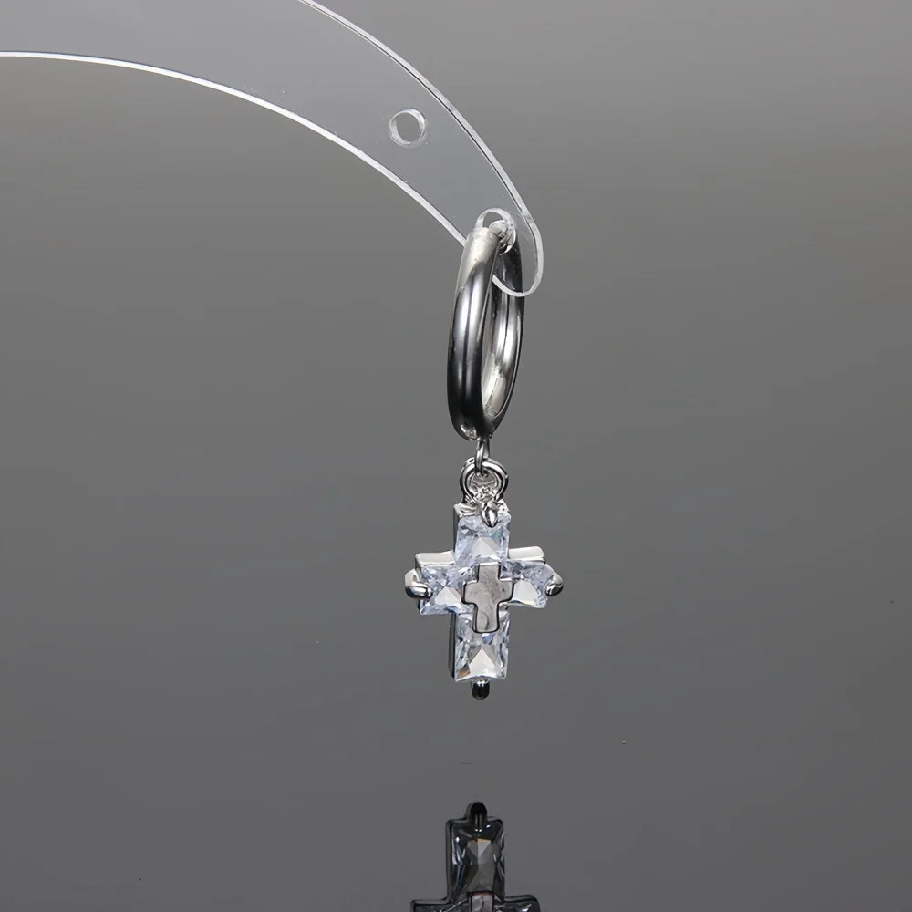 Retro Crystal Zircon Cross Drop Earrings — Silver-Tone