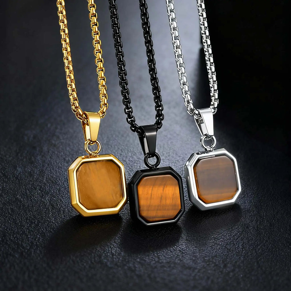 Fashion High Quality Natural Stone Square Pendant Stainless Steel Long Chain Necklace Trendy Simple Popular Jewelry for Men Gift