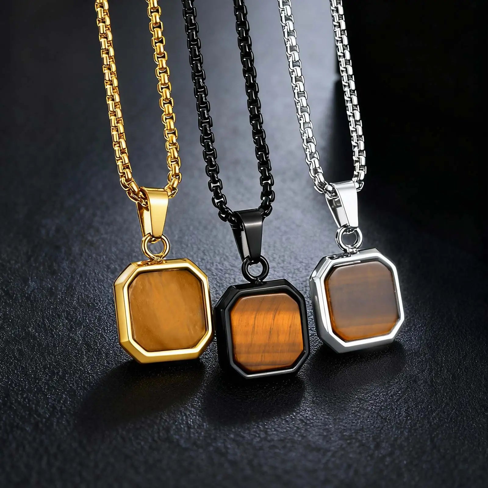 Fashion High Quality Natural Stone Square Pendant Stainless Steel Long Chain Necklace Trendy Simple Popular Jewelry for Men Gift