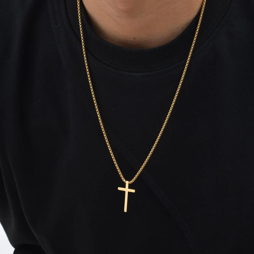 Vnox 60cm Box Chain Cross Pendant Necklaces for Men, Simple Plain Black Silver Gold Color Stainless Steel Thick Cross Collars