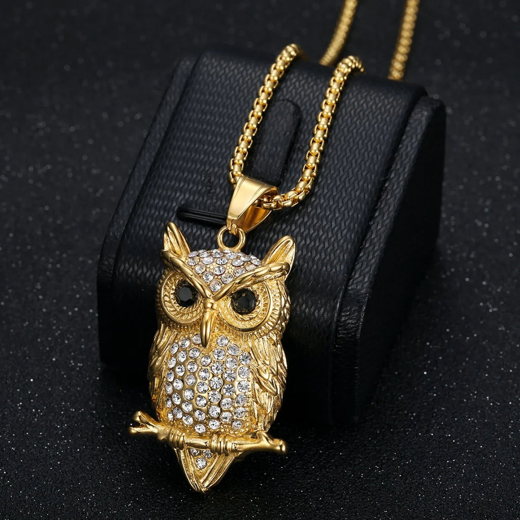 Iced Out Owl Gold Pendant Necklace