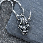 Long Horn Demon Mask Pendant — Stainless Steel