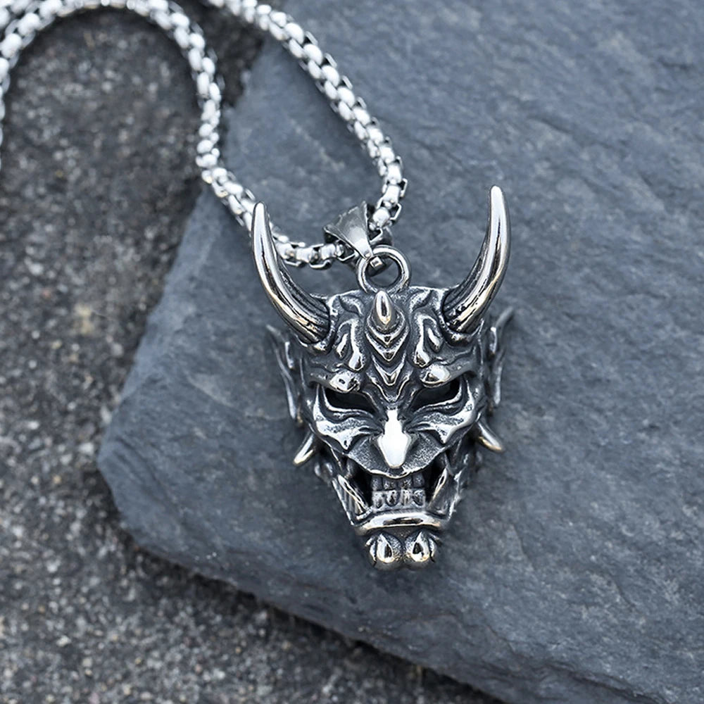 Long Horn Demon Mask Pendant — Stainless Steel