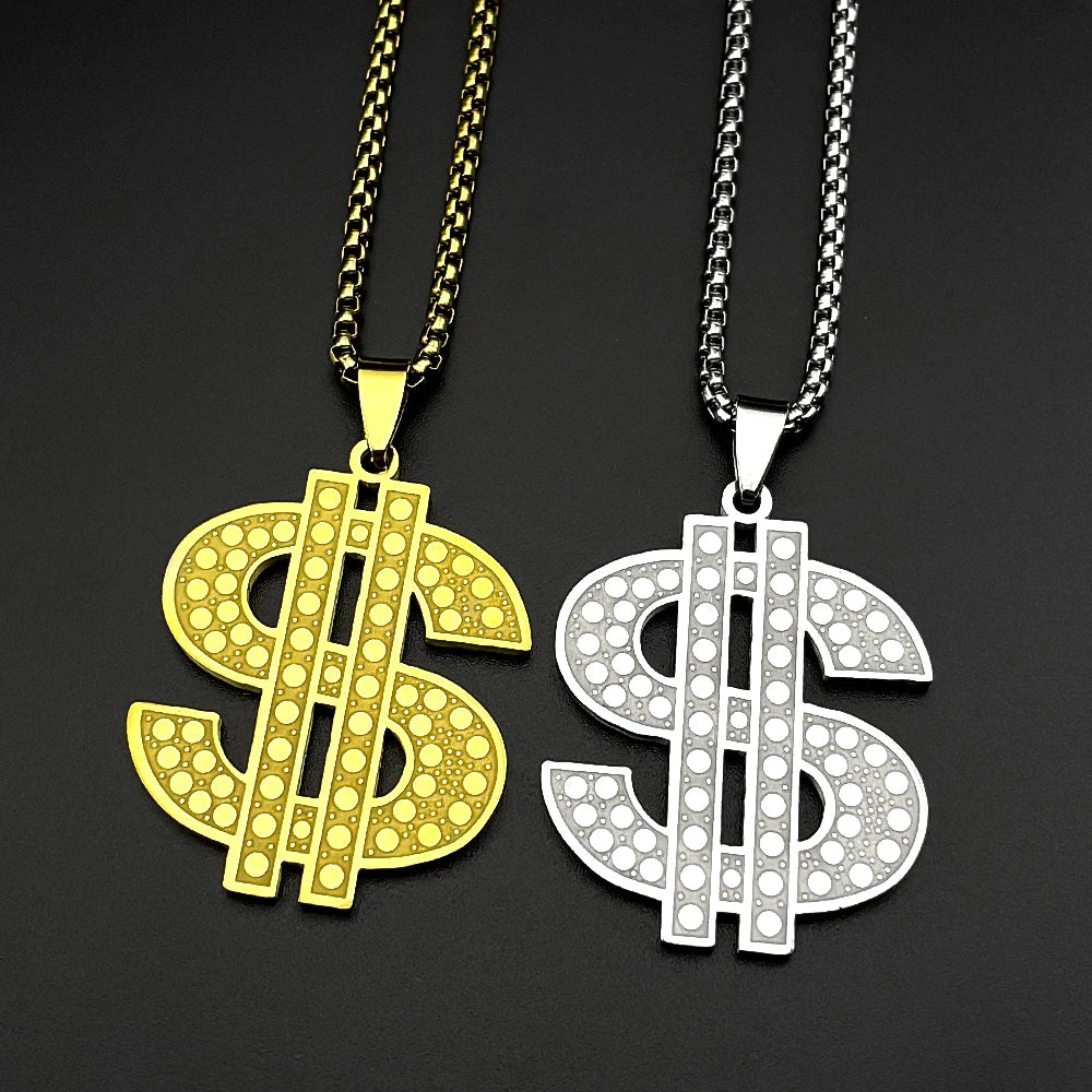 Hip Hop Dollar Money Symbol Necklace Stainless Steel Gold Silver color Rhinestone Pendant Rap Streetwear Chain Jewelry