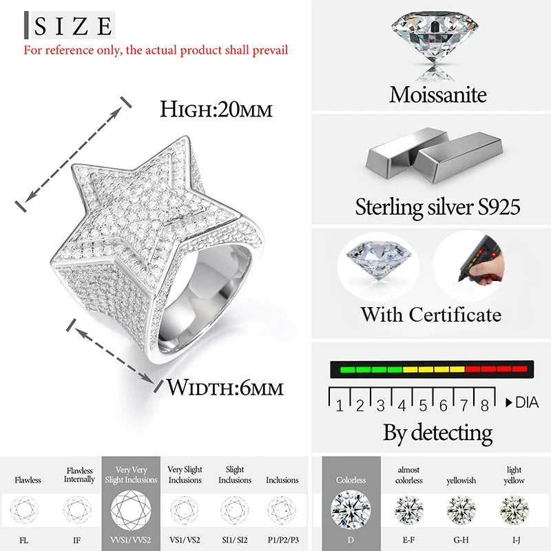 TUHE Unisex Hip Hop Men Moissanite Rings S925 Silver Jewelry For Men Star Ring Hip Hop Jewelry Gift