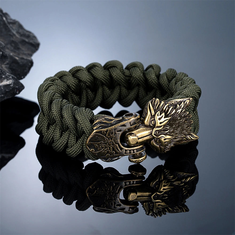 Viking Wolf Paracord Bracelet — Norse Runes, Steel Clasp