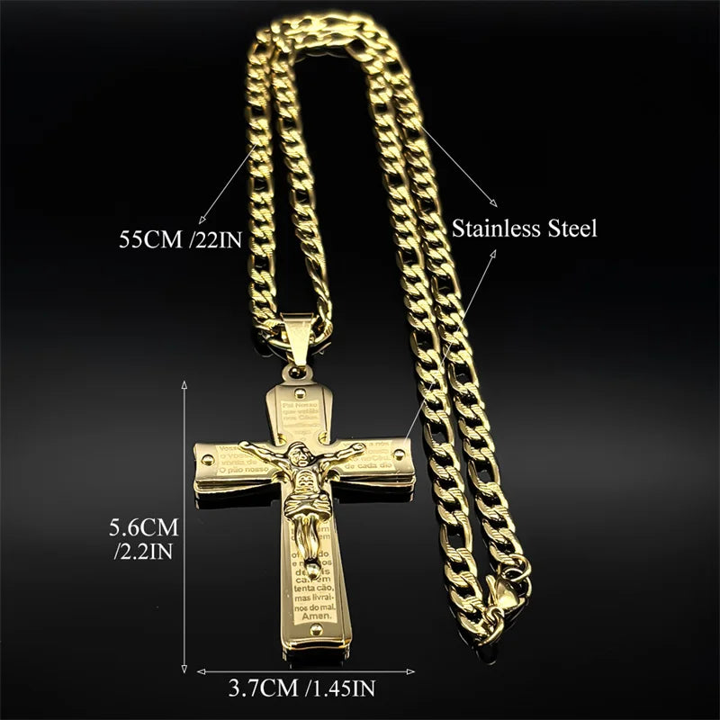 Christian Jesus Cross Crucifix Necklace for Man Women Stainless Steel Gold Color Bible Men's Chain Prayer Baptism Gift