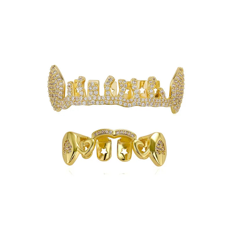 Edgy Trendy Irregular Hollow Star Fangs Teeth Grillz Hip Hop Rapper Street Fashion Halloween Party Wear Novelty Mouth