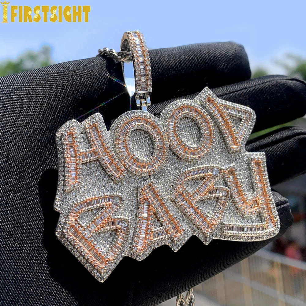 New Iced Out Bling Letter Hood Baby Pendants Necklaces Cubic Zirconia Two Tone Color Charm For Men Women Hip Hop Jewelry
