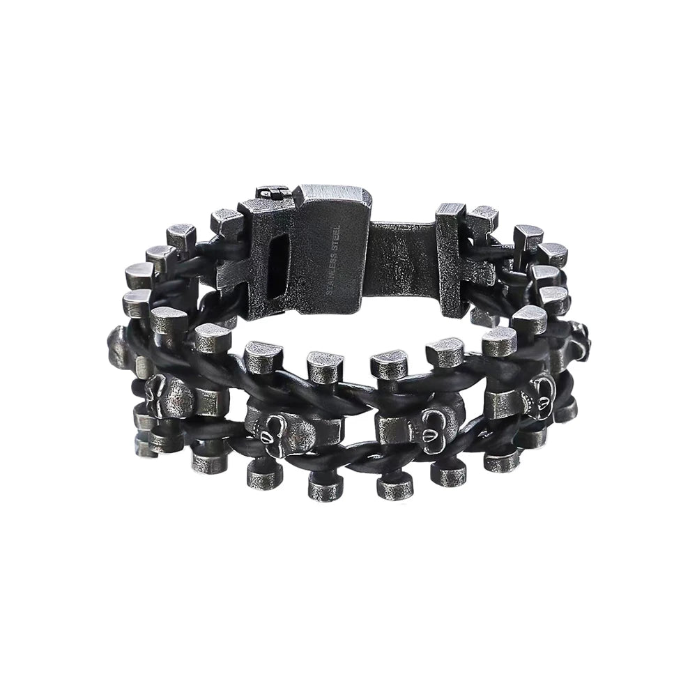 Skull Leather Bracelet Black — 316L Stainless Steel