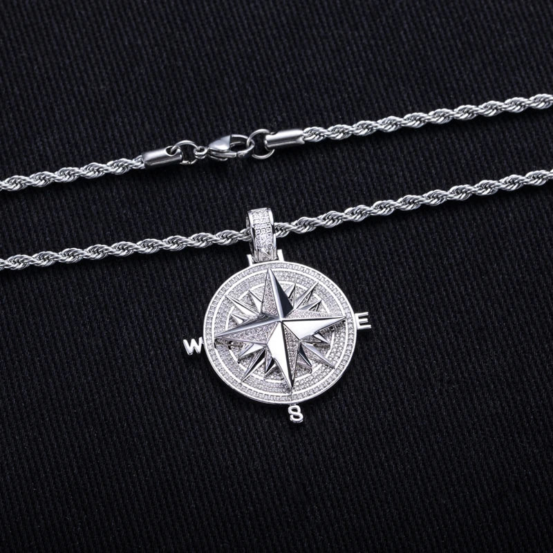 Iced Out Compass Pendant — 14K Gold
