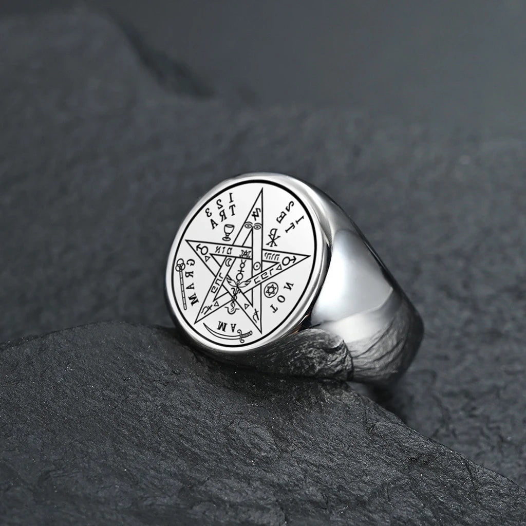 Jewish Tetragrammaton Hebrew Pentagram Rings Stainless Steel Pentacle Ring for Men Witchcraft Power Protection Amulet