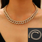 Full Crystal Cross Pendant Cuban Chain Necklace — Two-Tone