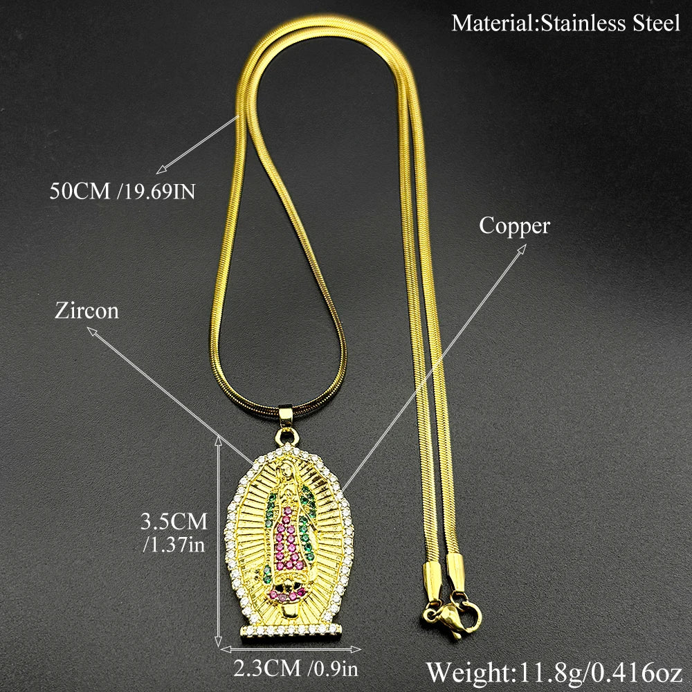 Catholic Virgin Mary Zircons Copper Pendant Necklace for Women Men Stainless Steel Gold Color Our Lady of Guadalupe