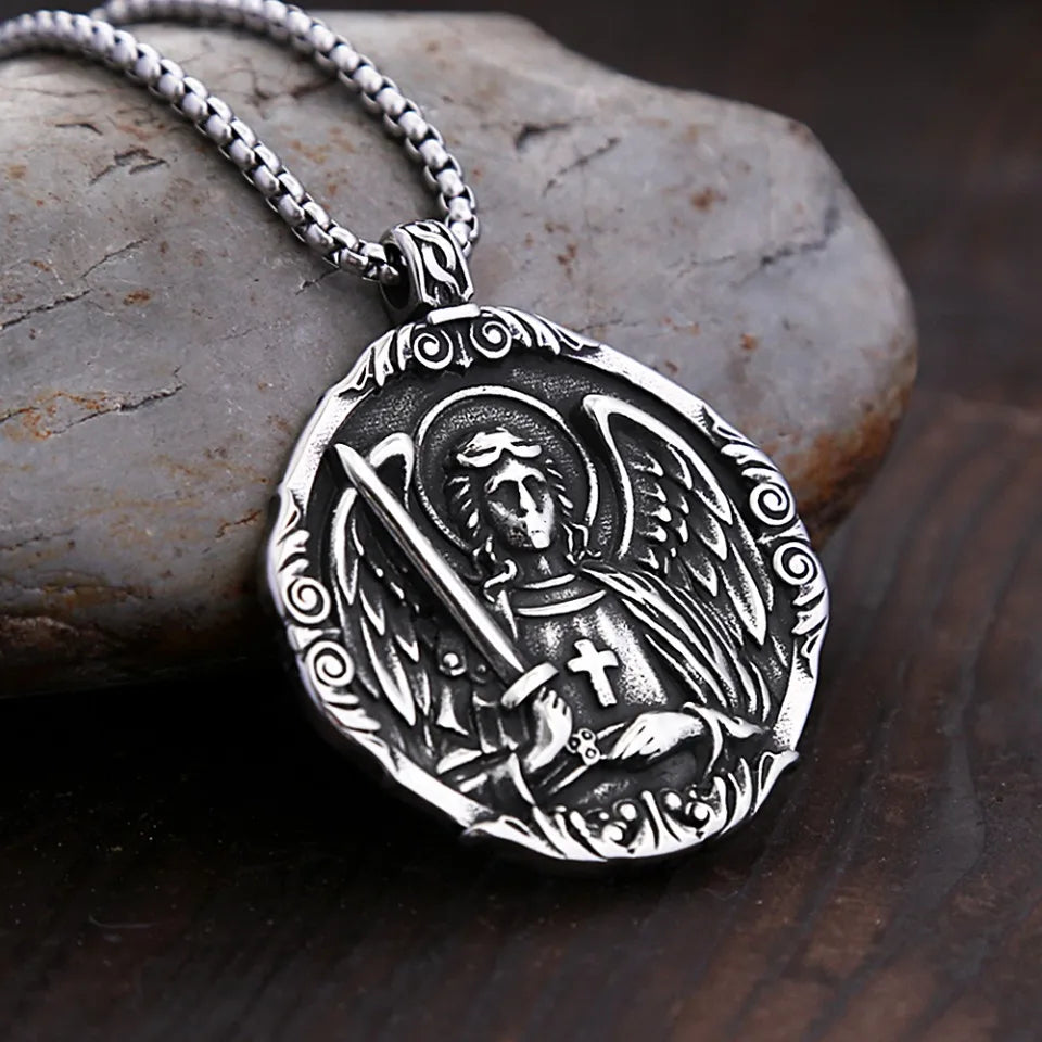 New Vintage Saint Michael Angel Pendant Necklaces Stainless Steel  Punk Motorcycle Amulet Angel Necklace For Men Fashion Jewelry