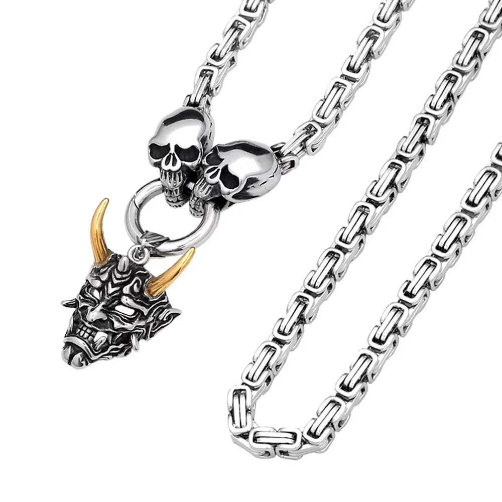 Gold Ox Horn Bodhi Demon Tooth Pendant Stainless Steel Double Skull Byzantine Necklace Hiphop Skull Demon Mask Necklace Gift