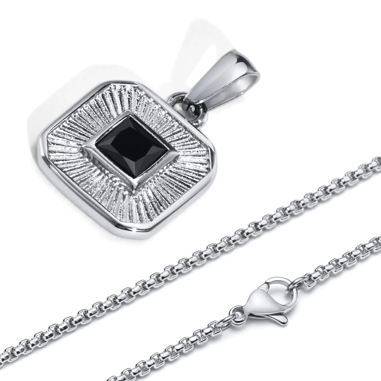 Men's Pendant Necklace,Black Square Zircon Embossing Radiation Sunburst Pendant Collars,Stylish Stainless Steel Jewelry Gifts