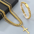 Men's Double Layer Cross Pendant Necklace for Men Gold Color Stainless Steel Cuban Link Chain Necklaces Bracelets