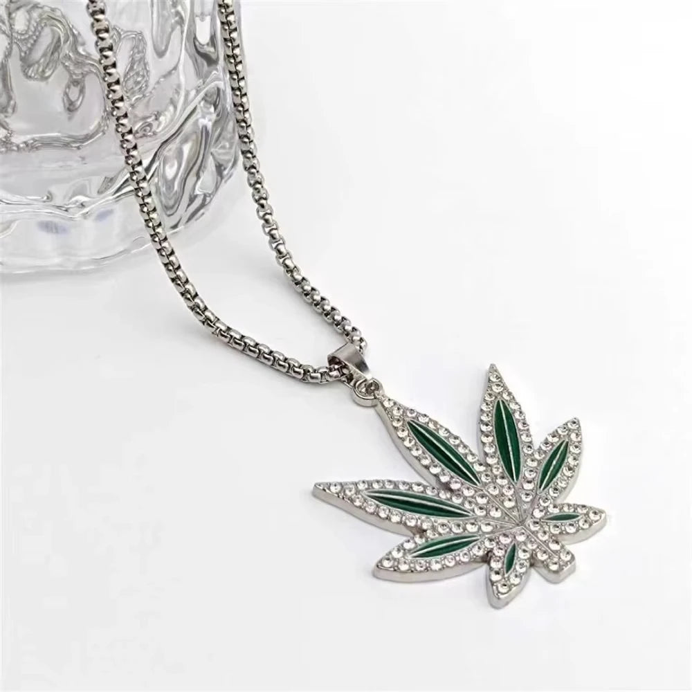 FTCY Rhinestone Maple Leaf Pendant Necklace For Men Women Personalized Punk Hip-hop Gold Color Necklace Jewelry Gift