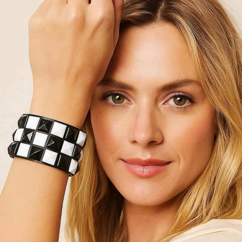 Punk Personality Simplicity Geometry Retro Black and white Square rivets Leather Stainless steel Hand bracelet Wristband