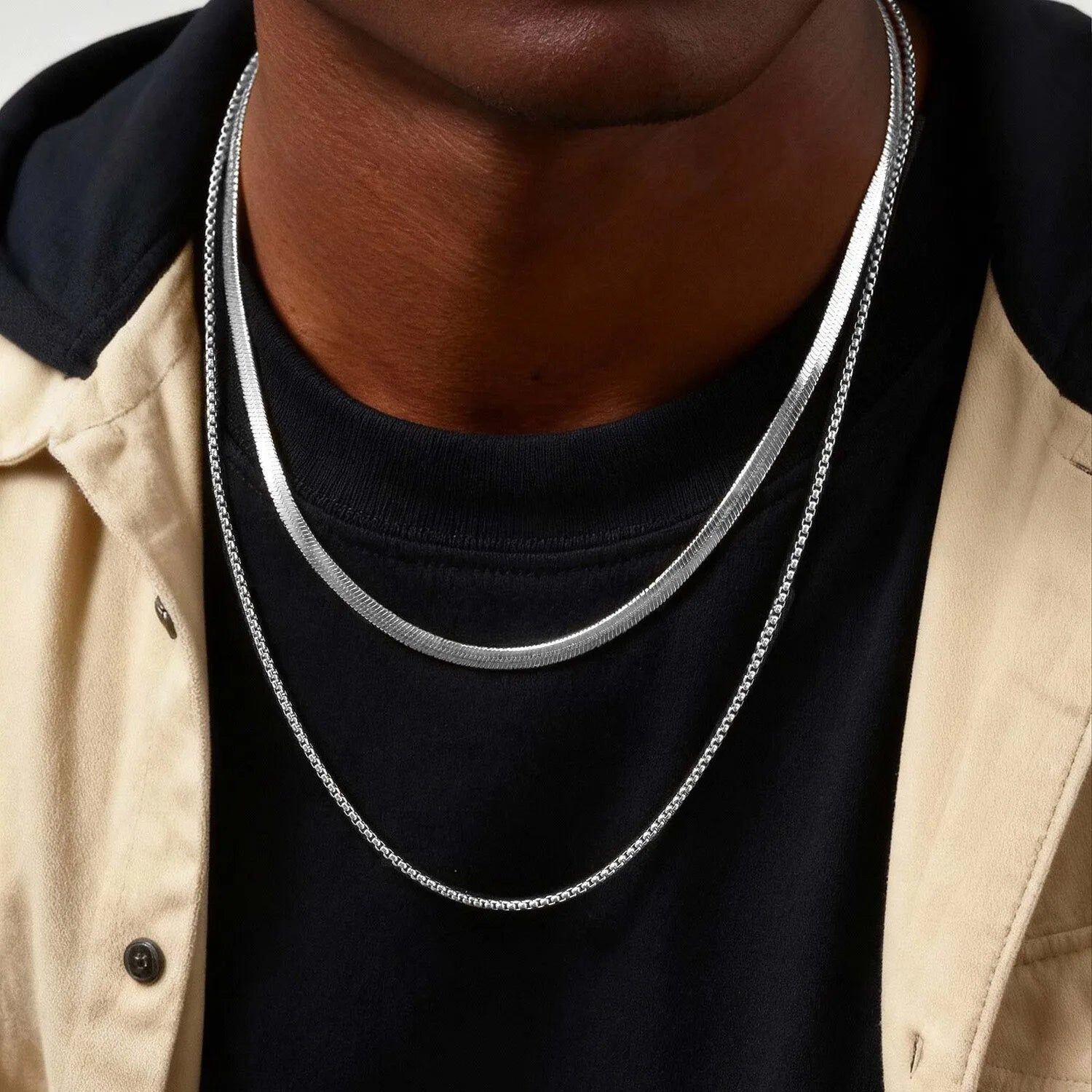 Two-Tone Snake Box Chain Necklace — Stainless Steel