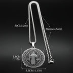 Saint Benedict Medallion Pendant Necklace for Women Men Stainless Steel Black Color Christian Spiritual Chain Jewelry N2588-6S02
