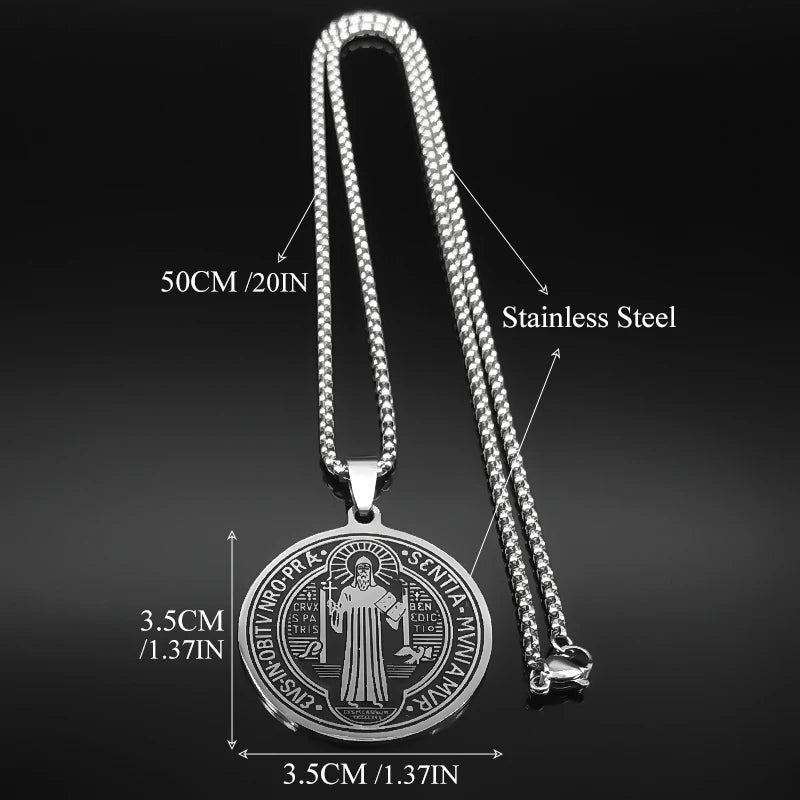 Saint Benedict Medallion Pendant Necklace for Women Men Stainless Steel Black Color Christian Spiritual Chain Jewelry N2588-6S02