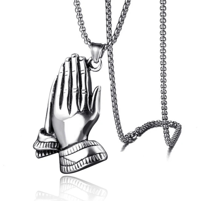 Silver Praying Hands Pendant Necklace Statement