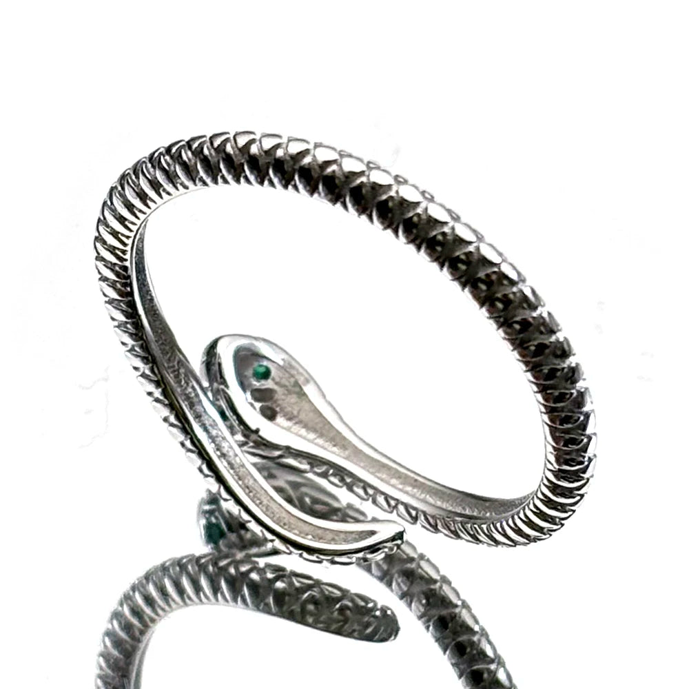 Snake Silver Ring Sterling Green Zircons Eye Matte