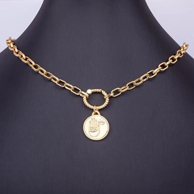 Nidin Hot Sale New Fashion Geometric Paperclip Link Chain Evil Eye Palm Shape Pendant Necklace For Women Men Jewelry