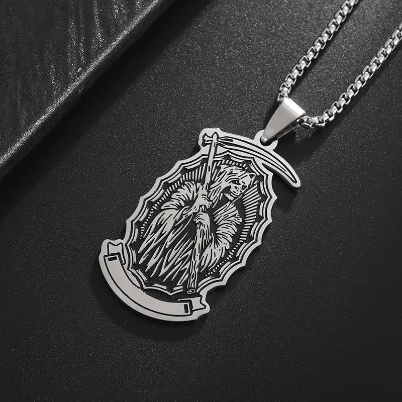 Retro Punk Stainless Steel Holy Death Skull Scythe Pendant Necklace for Men  Gothic Jewelry Halloween Gifts