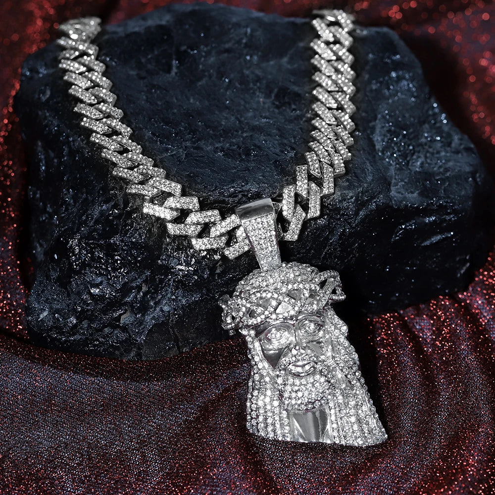 Men Women Hip-hop Punk Jesus Pendant Necklace Stylish Iced Out Full Inlaid Diamonds Cuban Chain+ Large Pendant Jewelry