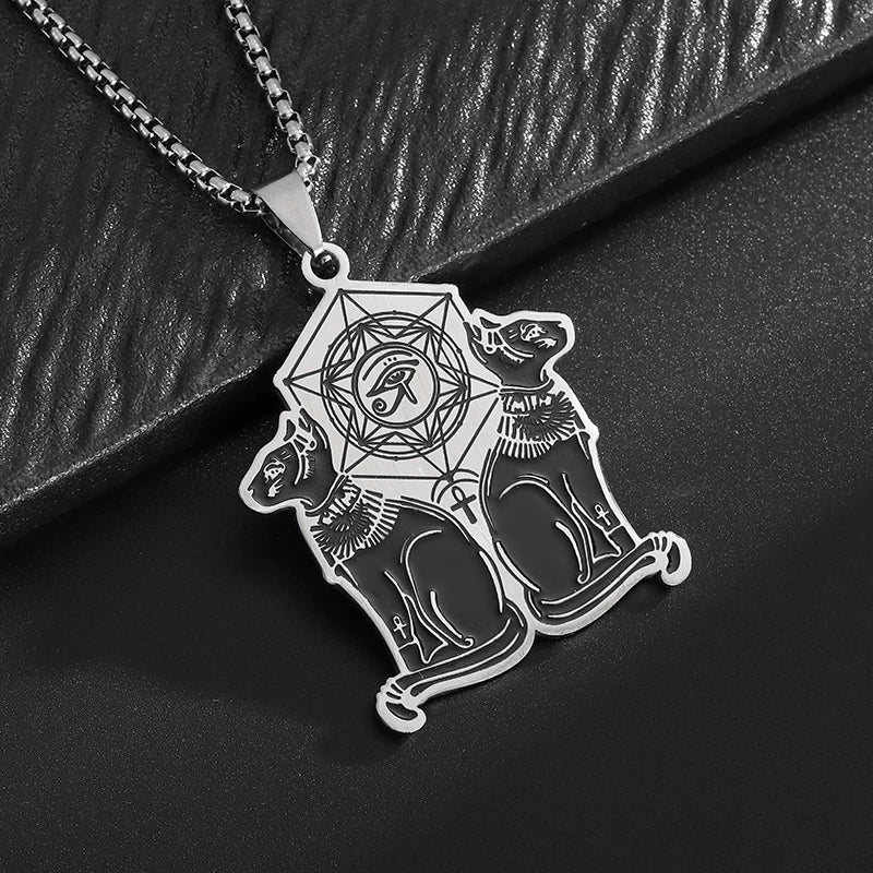 Eye of Horus Moon Goddess Bastet Stainless Steel Necklace for Men Women Mystical Ancient Egyptian Amulet Jewelry Gift