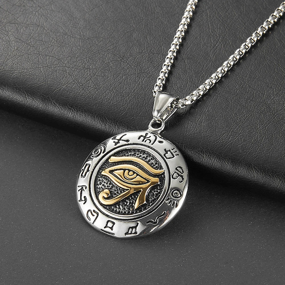 Stainless Steel Ancient Egypt Eye of Horus Pendant Necklace Vintage Egyptian Pharaoh Amulet Rune Men's Necklace Jewelry