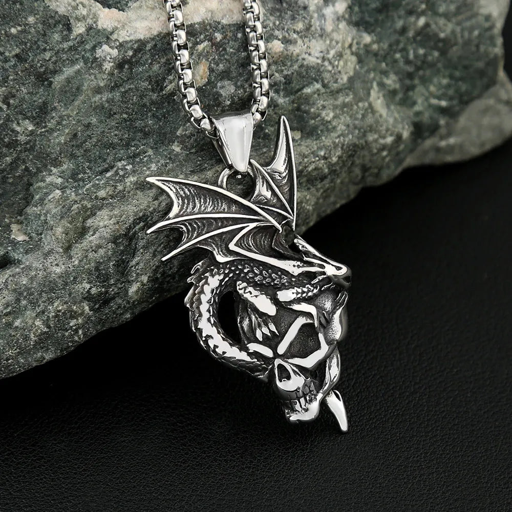 Dragon Skull Winged Pendant — Stainless Steel