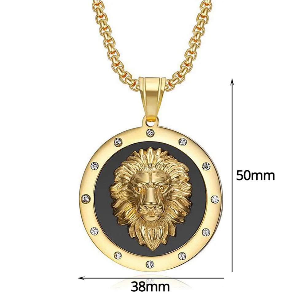 Iced Out Lion Head Round Pendant — Gold
