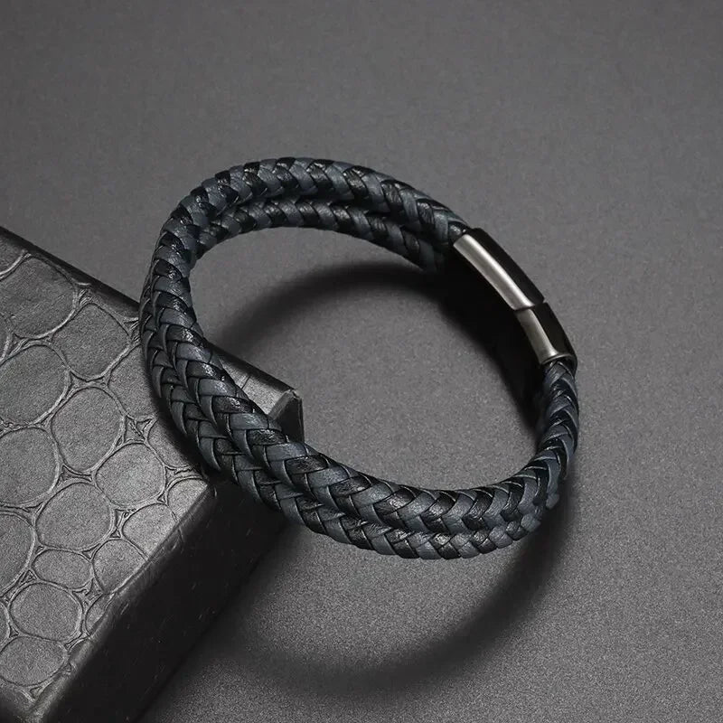 Vintage Punk Hand Woven Three Layer Leather Black Beaded Bracelet Magnetic Bracelet Clasp Men\\'s Charm Business Event Jewelry