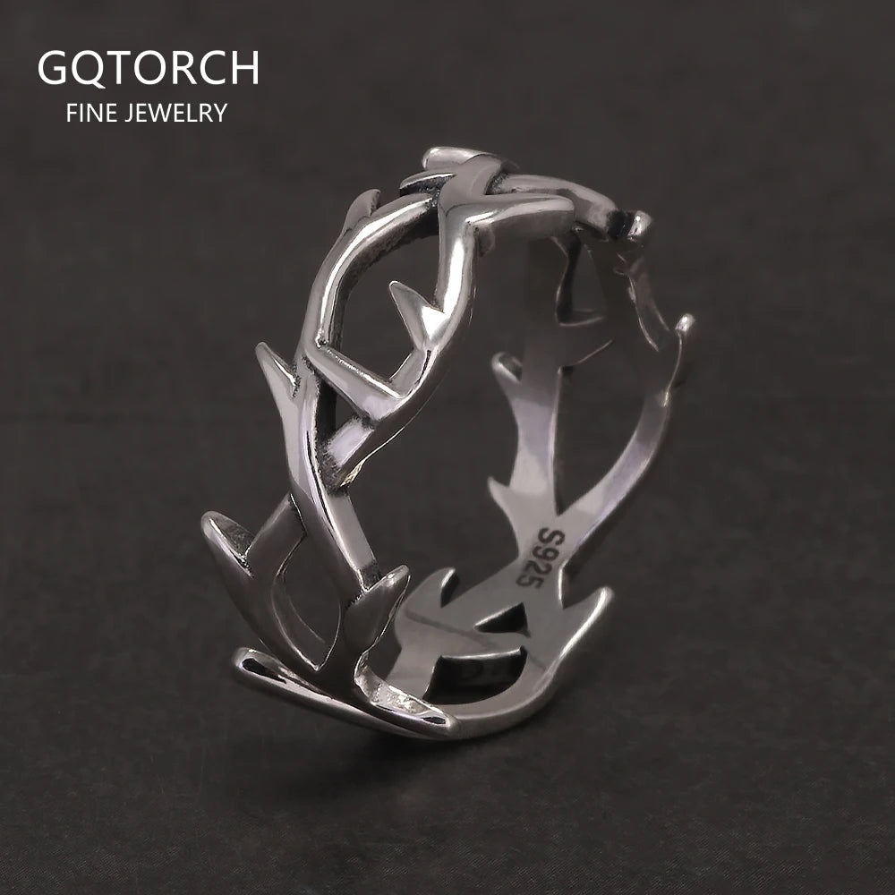 925 Sterling Silver Gothic Thorn Couple Rings for Women Men Punk Retro Cool Spiky Finger Ring Adjustable Hip-hop Y2k